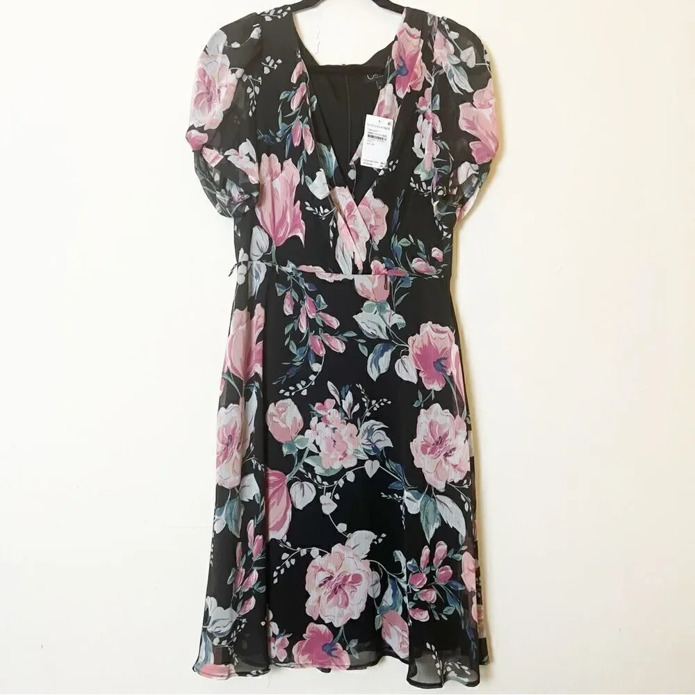 CONNECTED APPAREL Wedding Guest Knee-Length Shift Dress, Size 6 Black Floral
